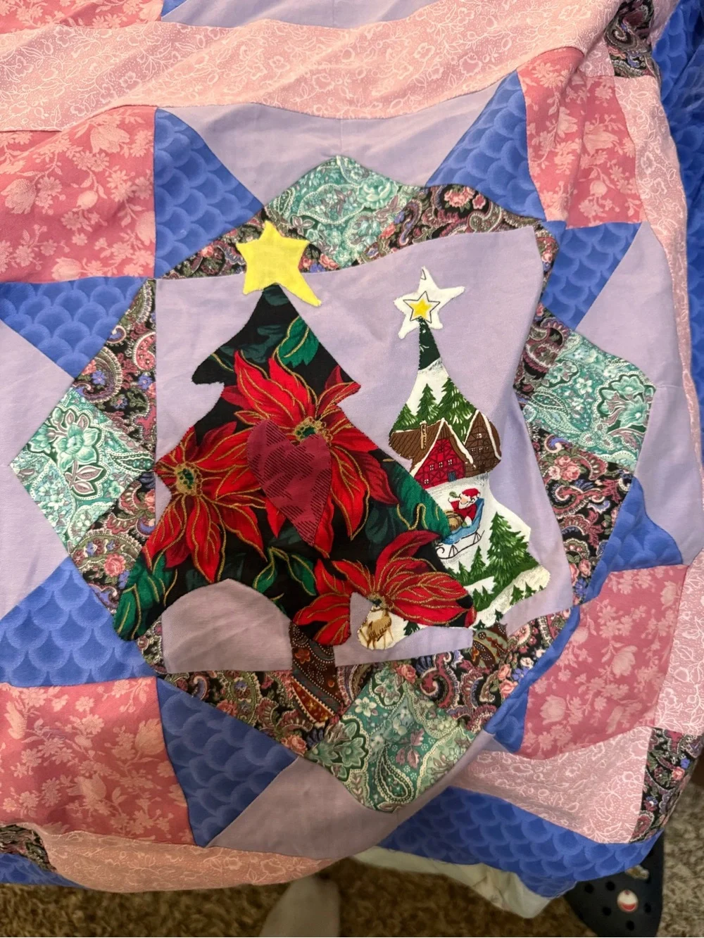 Handmade Pink and Blue Patchwork Quilted Top - Floral & Appliqué Motifs